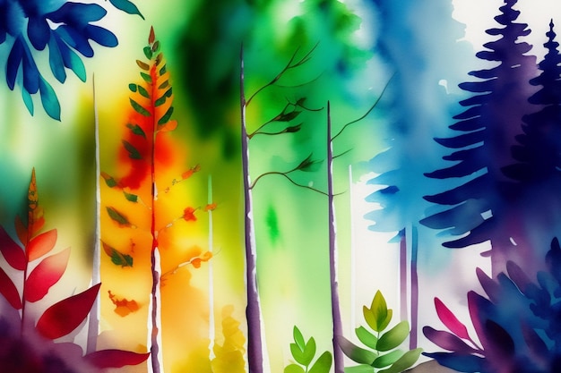Photo gratuite une peinture colorée d'une forêt avec un fond arc-en-ciel.