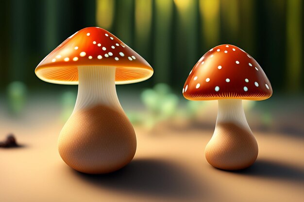 Une peinture de deux champignons avec un chapeau jaune et un chapeau rouge.