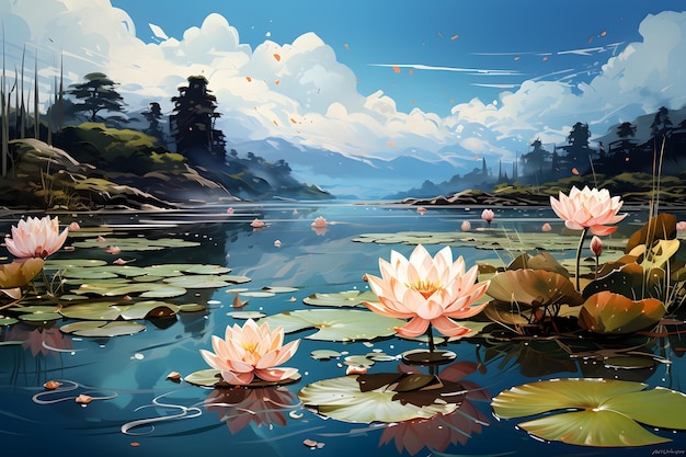 peinture du lac de lotus toile de fond paysage