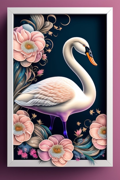 Photo gratuite une peinture encadrée d'un cygne avec des fleurs et un fond rose.
