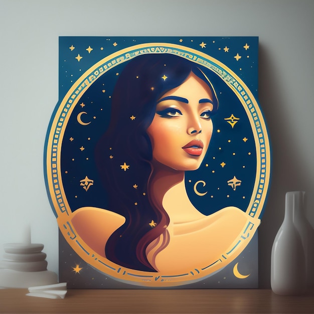Photo gratuite une peinture d'une femme aux cheveux longs et un cadre doré avec les mots lune dessus