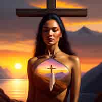 Photo gratuite une peinture d'une femme avec une croix sur sa poitrine