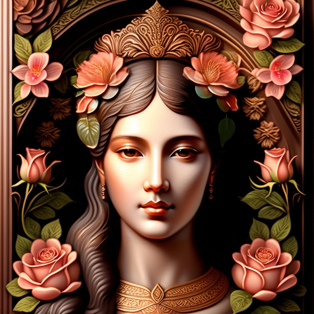 Une peinture d'une femme avec des fleurs sur la tête
