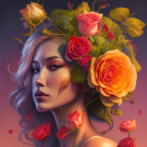 Photo gratuite une peinture d'une femme avec des fleurs sur la tête