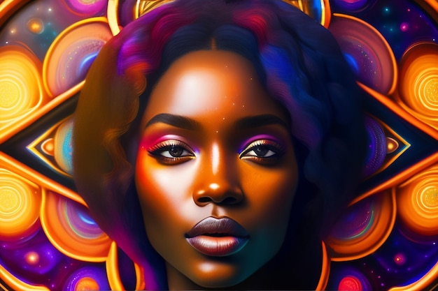 Une peinture d'une femme noire avec des yeux de couleur vive et une lèvre rose vif.