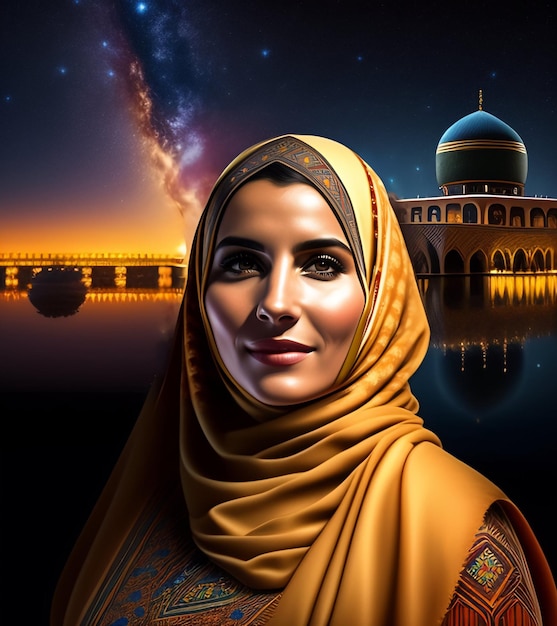 Une peinture d'une femme portant un hijab jaune et une étoile bleue et blanche est en arrière-plan.