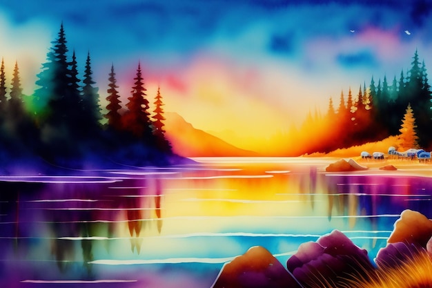 Une peinture d'un lac avec un coucher de soleil et des arbres en arrière-plan.