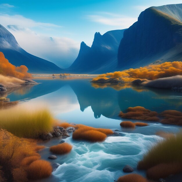 Une peinture d'un lac de montagne avec un ciel bleu et une montagne en arrière-plan.