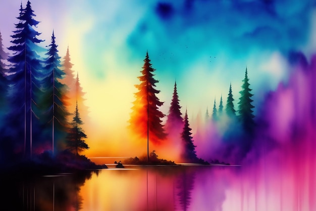 Une peinture d'un lac avec une scène de forêt en arrière-plan.