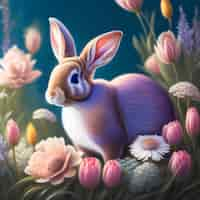 Photo gratuite une peinture d'un lapin dans un champ de fleurs.