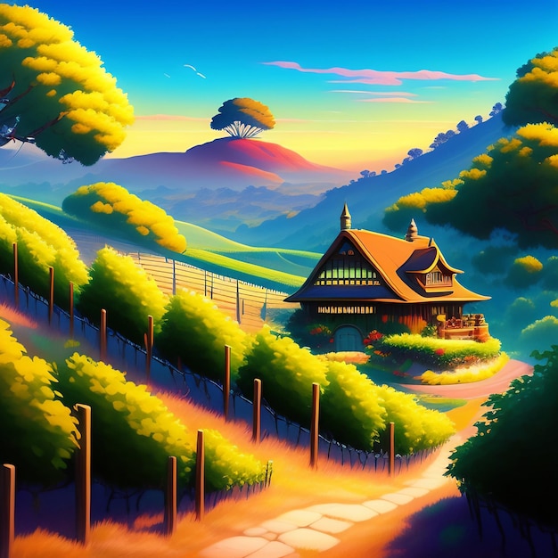 Photo gratuite une peinture d'une maison dans un champ avec une colline en arrière-plan.