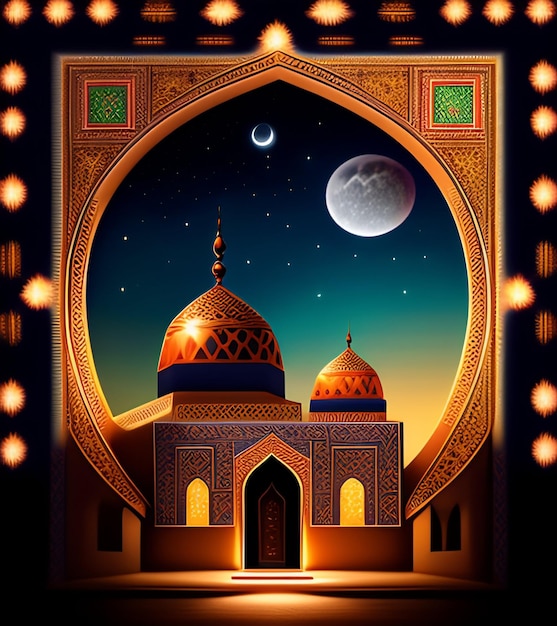 Photo gratuite une peinture d'une mosquée avec une lune en arrière-plan