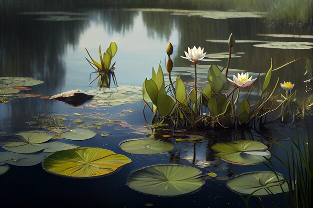 Une peinture de nénuphars dans un étang avec un coucher de soleil en arrière-plan.