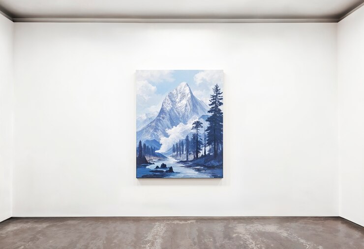 Photo gratuit peinture de paysage de montagne dans une galerie