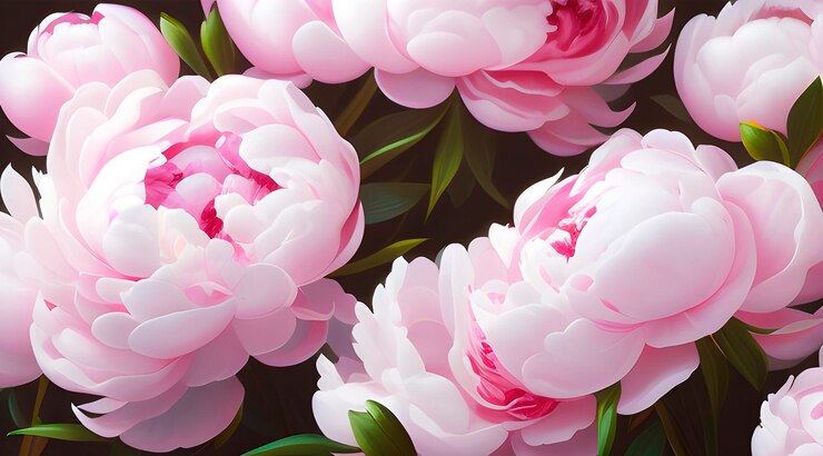 Une peinture de pivoines roses avec des feuilles vertes sur le dessus.
