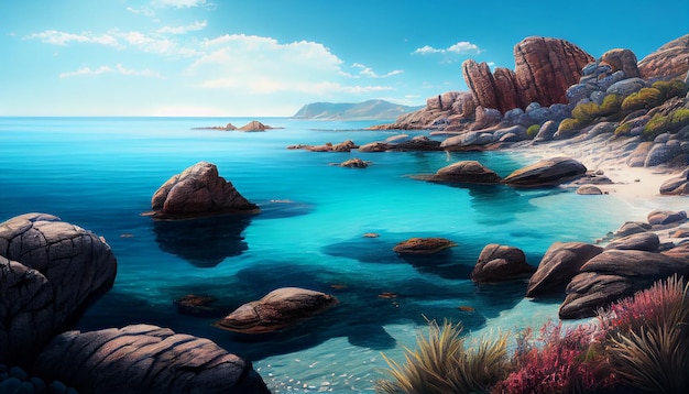 Une peinture d'une plage rocheuse avec des rochers et la mer en arrière-plan.