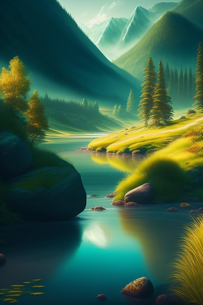 Une peinture d'une rivière avec une montagne et des arbres en arrière-plan.