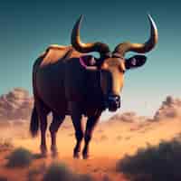 Photo gratuite une peinture d'un taureau avec des cornes et un ciel bleu en arrière-plan.