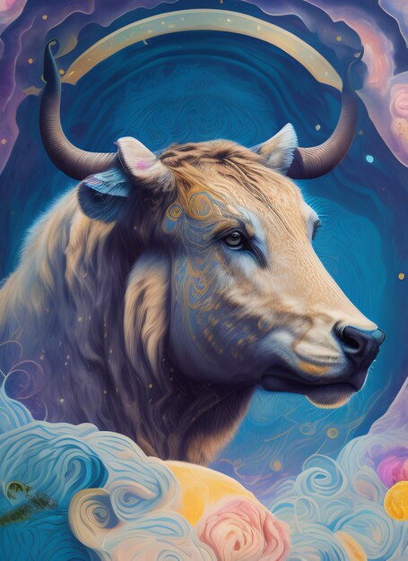 Une peinture d'un taureau avec un fond bleu et le mot taureau dessus.