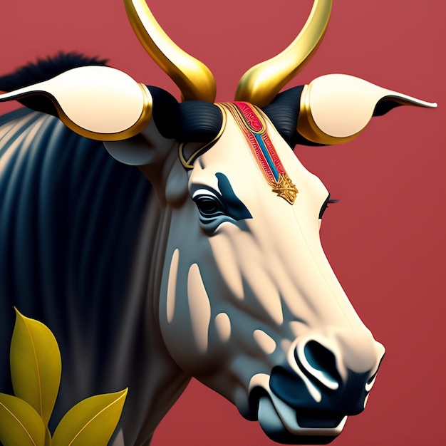 Photo gratuite une peinture d'une vache avec des cornes et un fond rouge.