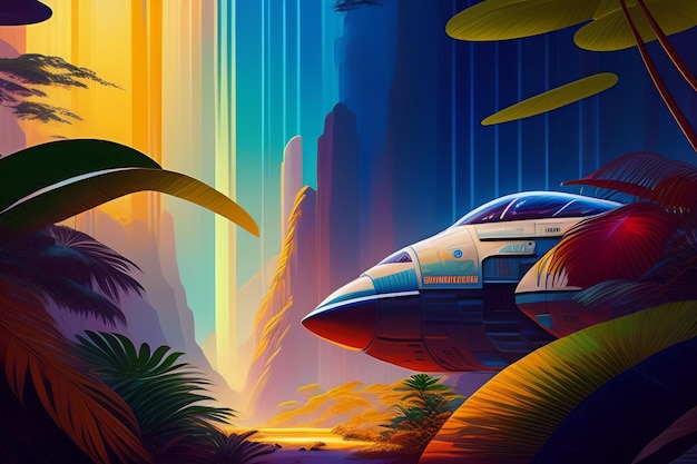 Une peinture d'un vaisseau spatial dans une jungle avec un fond de jungle.