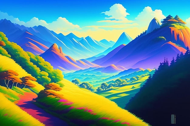 Une peinture d'une vallée avec des montagnes et un ciel bleu.