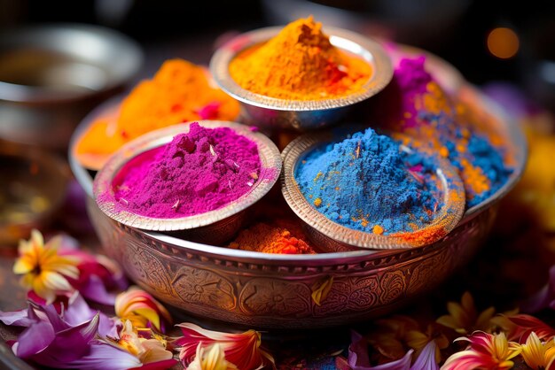 Peintures dans des plats traditionnels en cuivre pour la fête de Holi poudres multicolores symbolisant