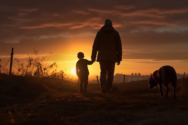 Père et enfant en plein plan marchant