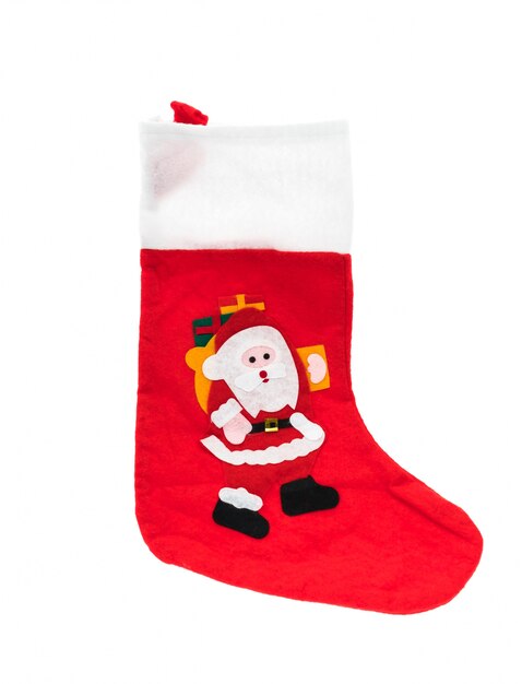 Père Noël chaussette rouge isolé sur fond blanc