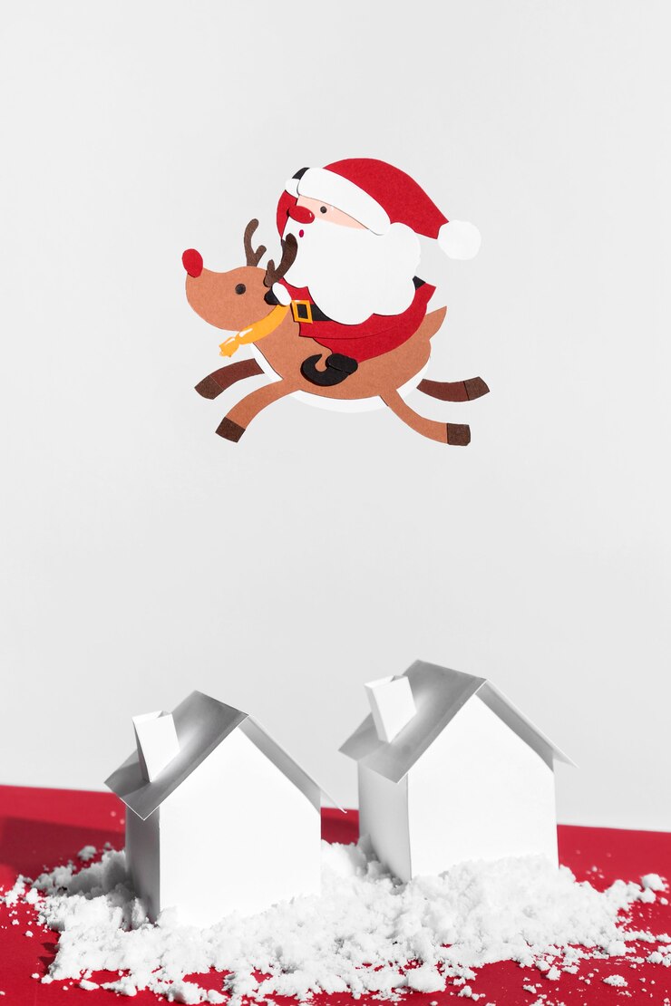 Photo gratuit père noël et renne volant au-dessus des maisons