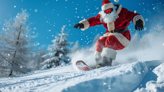 Photo gratuite père noël sur un snowboard sur un versant de montagne