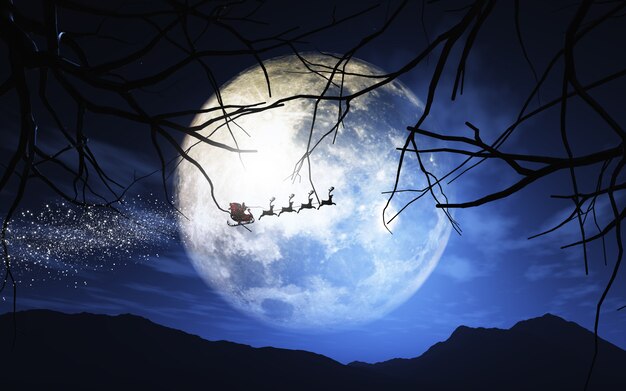 Père Noël et son traîneau volant dans un ciel éclairé par la lune