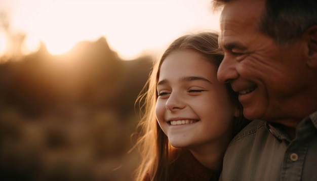 Photo gratuite un père et sa fille s'embrassent dans un champ.