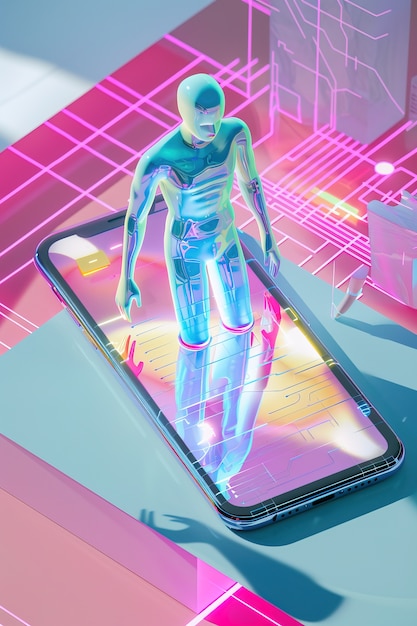 Un personnage 3D émergeant d'un smartphone