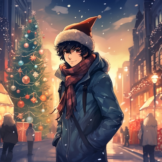 Photo gratuite personnage d'anime dans la ville pendant la saison de noël