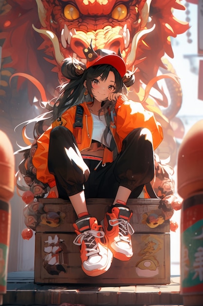 Photo gratuite personnage d'anime avec une illustration de dragon