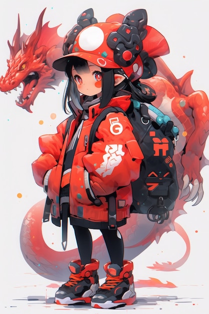 Photo gratuite personnage d'anime avec une illustration de dragon