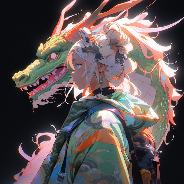 Photo gratuite personnage d'anime avec une illustration de dragon