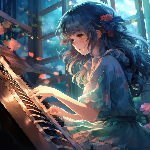 Photo gratuite un personnage d'anime jouant du piano