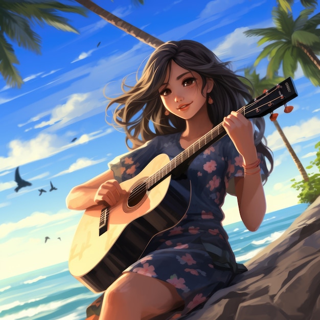 Un personnage d'anime jouant de la guitare