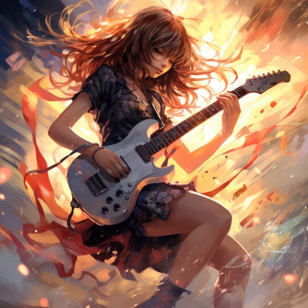 Photo gratuite un personnage d'anime jouant de la guitare