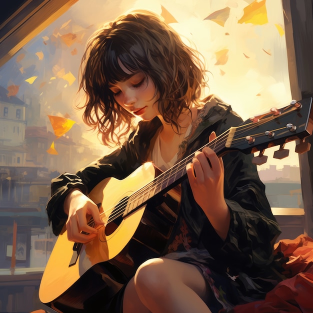 Un personnage d'anime jouant de la guitare