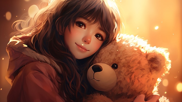 Photo gratuite un personnage d'anime en train d'embrasser un ours en peluche