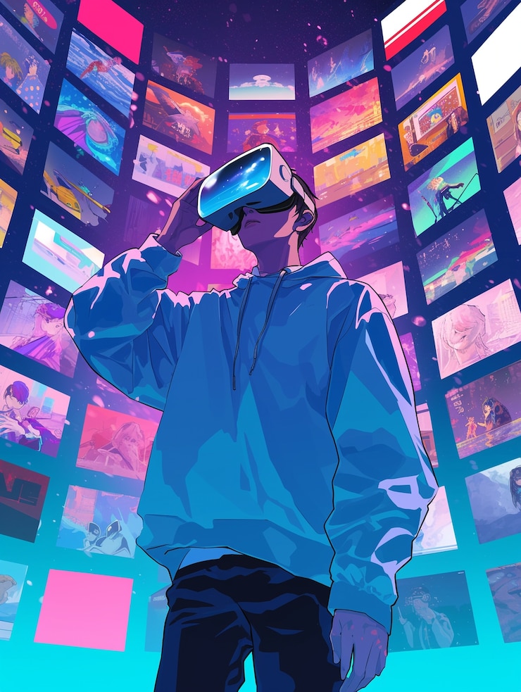 Photo gratuit un personnage d'anime utilisant des lunettes de réalité virtuelle dans le métavers.