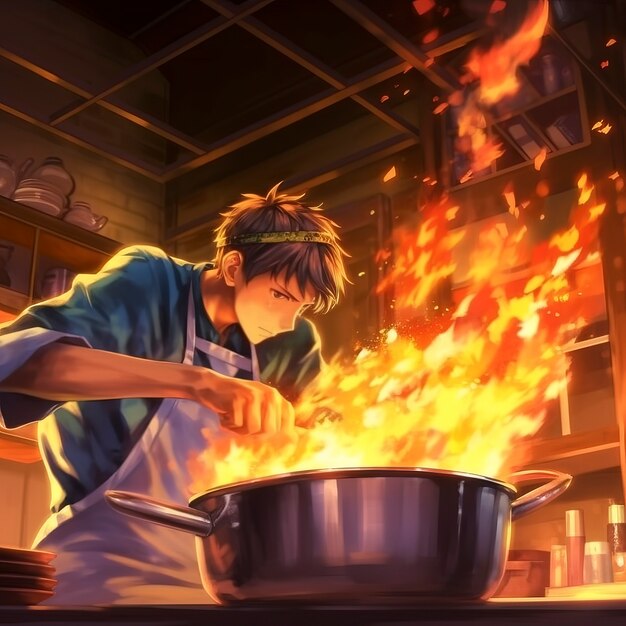 Personnage de chef de cuisine de style anime avec du feu