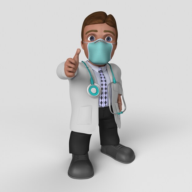 Personnage de médecin de dessin animé 3D dans un masque facial