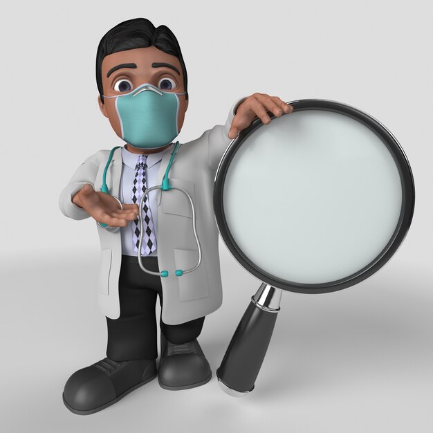 Personnage de médecin de dessin animé 3D dans un masque facial