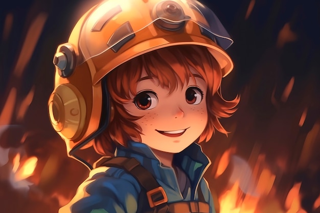 Personnage de pompier de style anime avec du feu