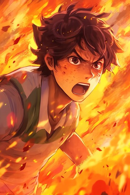 Personnage de style anime avec du feu et des flammes