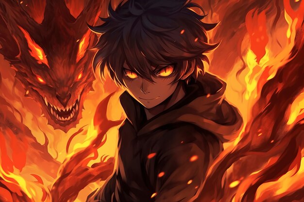 Personnage de style anime avec du feu et des flammes